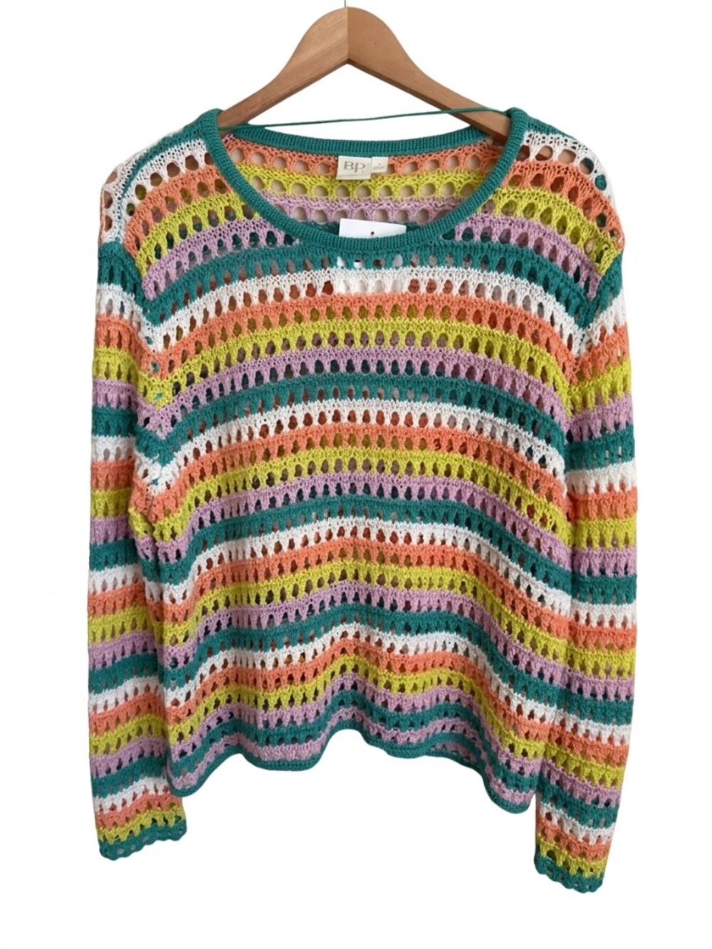 Crochet Open Knit Rainbow Stripe Sweater XL Multicolor Boho Cropped Pullover NWT